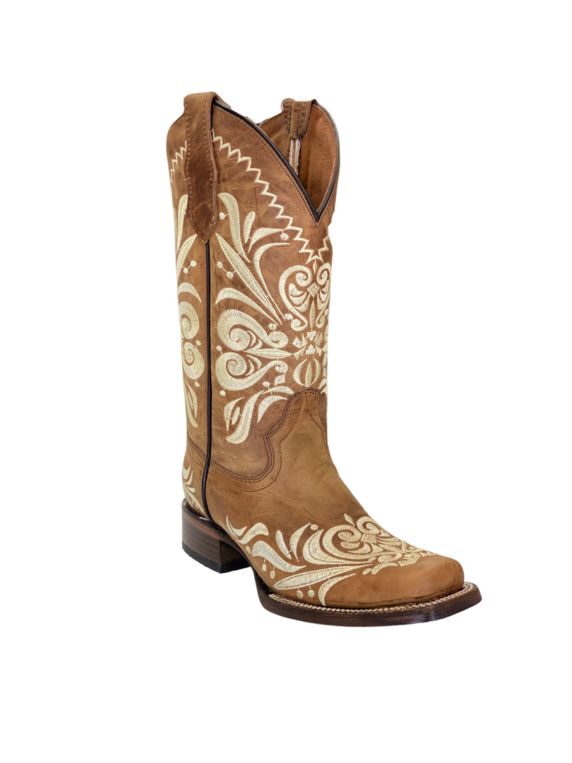 Details about   Ladies Circle G by Corral square toe western boot Tan with cream embroidery. 